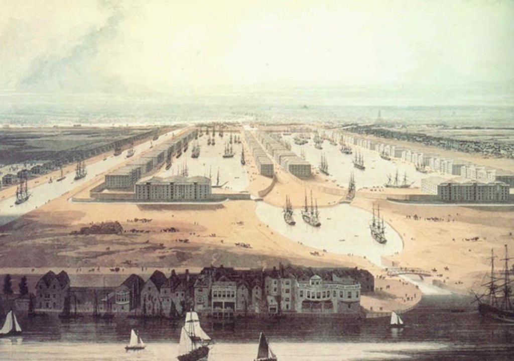 19th century painting of the West India Docks