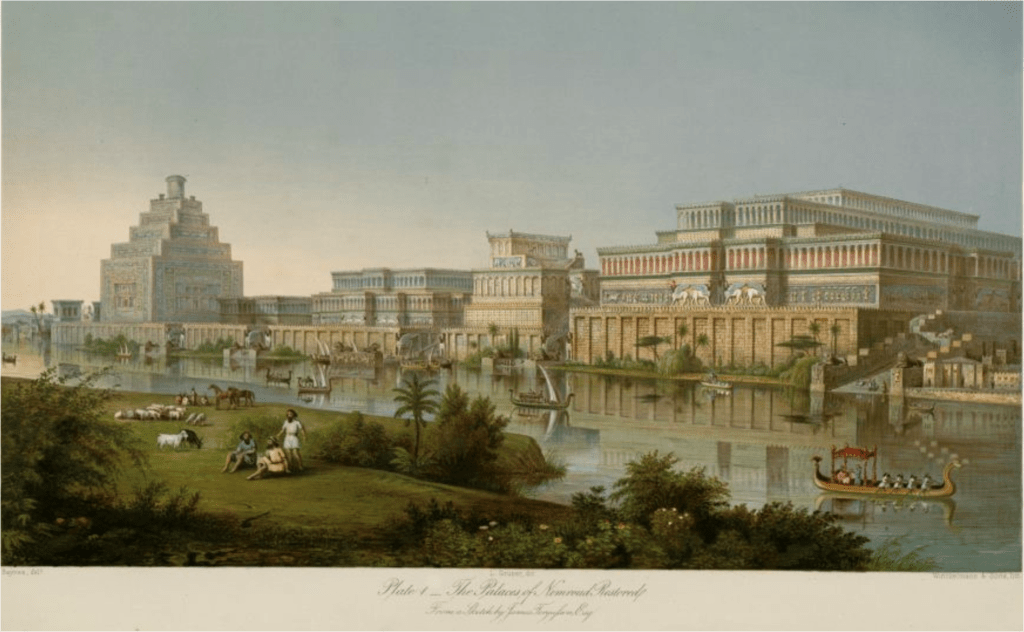 Painting of Nimrud, capital of Assyria, under Ashurnasirpal the Second. Palms on the banks of of the Tigris River